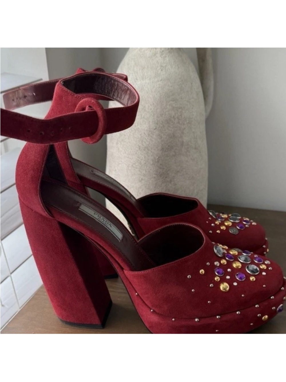 Prada Burgundy Suede Gem-Embellished Mules - Picture 3 of 5